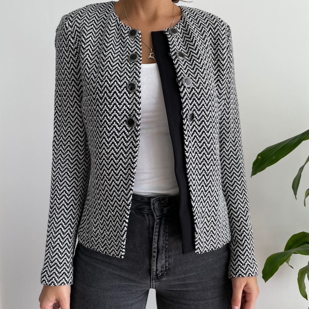 St. John Black and White Chevron Knit Jacket